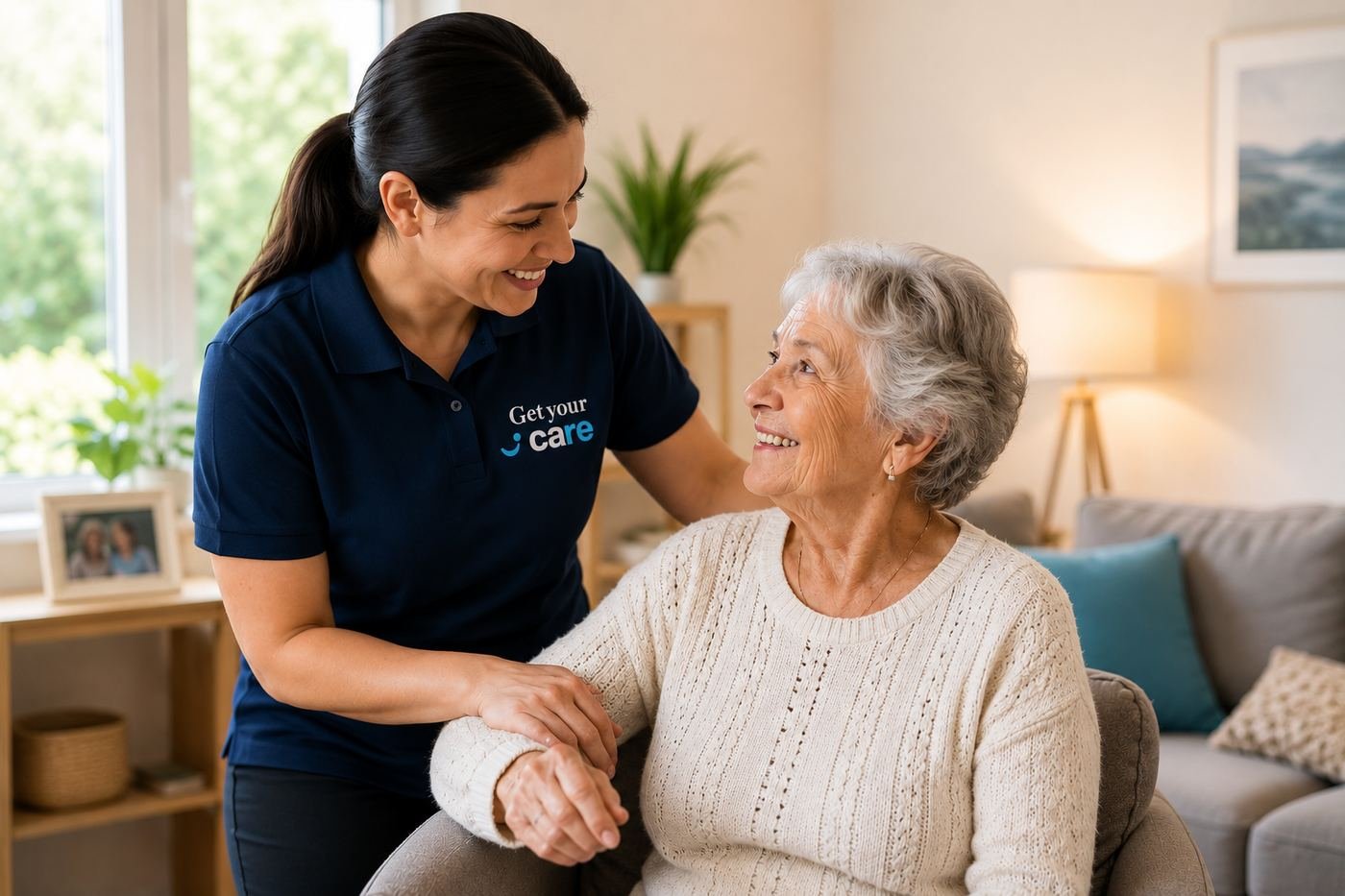 Get Your Care caregiver smiling with an elderly client at home